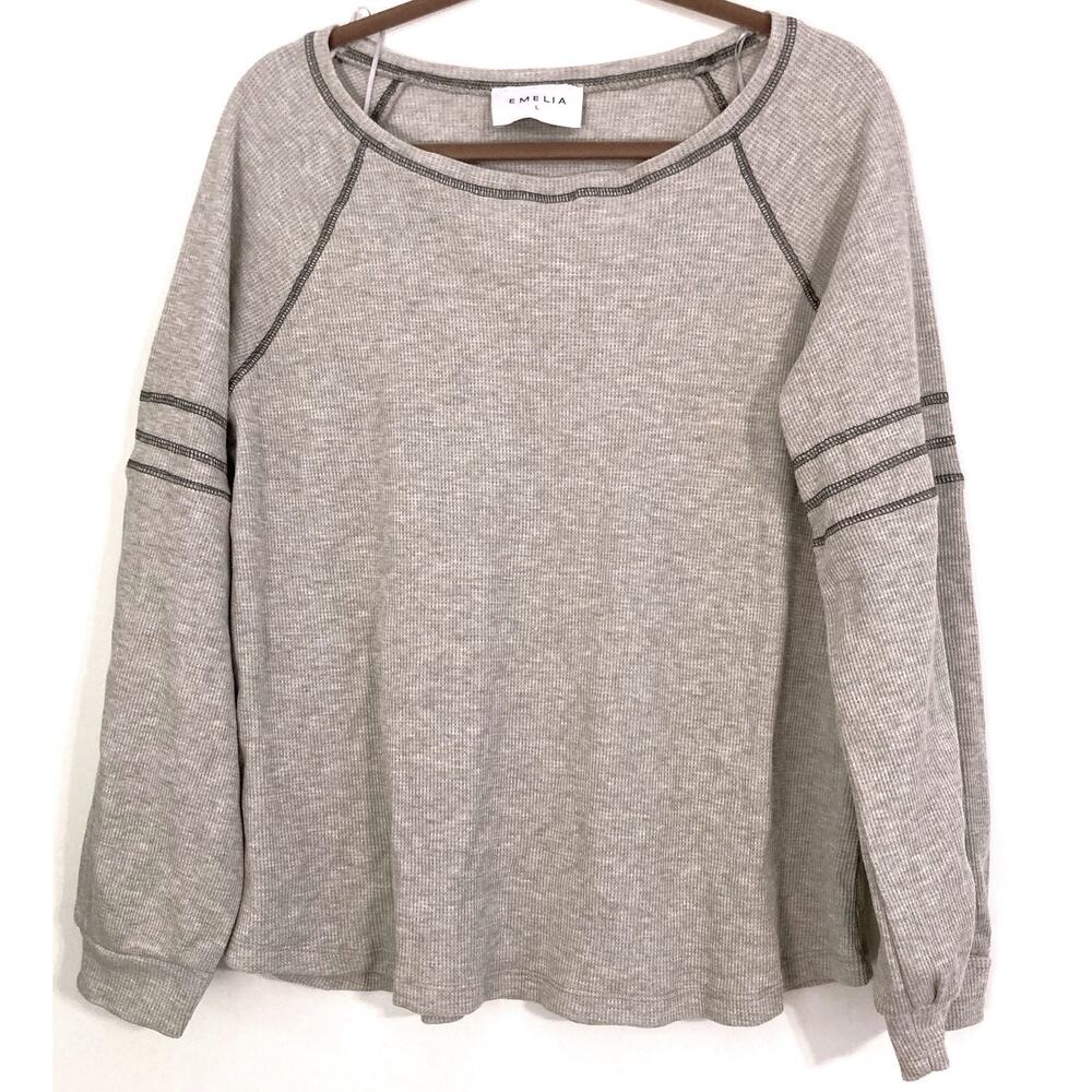 Emelia Waffle Knit Thermal Raglan Bishop Sleeve Top Sz Large in Heather Gray NWT